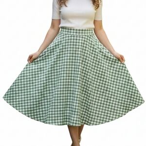 Belle Poque Green Gingham Midi Skirt Tie Waist Retro A-Line 2XL